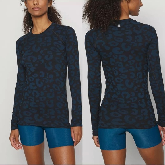 Sweaty Betty Tops - Sweaty Betty Glisten Seamless Long Sleeve Workout Top Navy Blue Leopard Size M